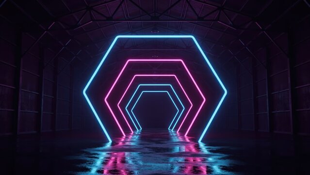 Abstract neon glowing hexagonal tunnel design in vibrant blue and pink colors with wet reflective floor.
