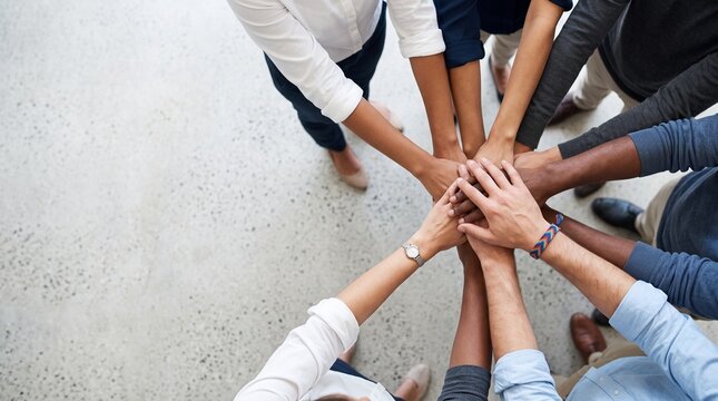 Diverse business team putting their hands together in a circle, symbolizing unity, collaboration, teamwork, and strong corporate partnership