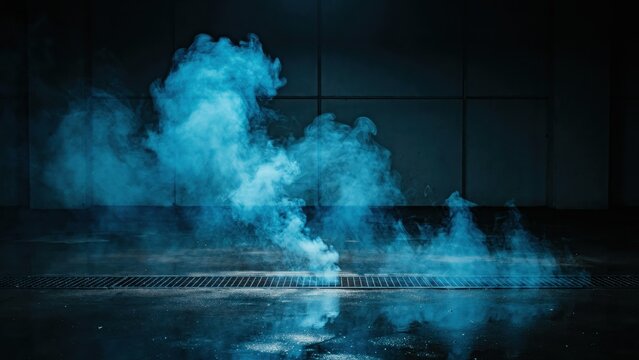 Blue smoke rising from grate on wet floor in dark industrial space, mysterious atmosphere.