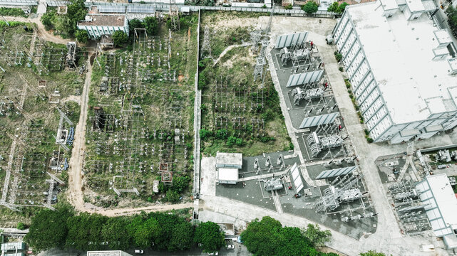 Aerial view of the Tharamani electrical substation featuring industrial transformers, power distribution equipment, and concrete structures in Chennai, Tamil Nadu, India.