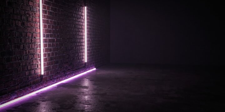 Pink neon light strips illuminating a dark brick wall and concrete floor, creating a futuristic ambiance.