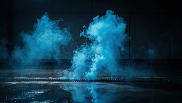 Blue smoke swirling from grate on wet floor in dark industrial space, dynamic and mysterious.