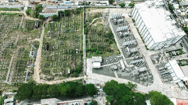 Aerial view of the Tharamani electrical substation featuring transformers, switchgear, and industrial infrastructure in Chennai, Tamil Nadu, India.