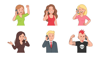 People talking on smartphone vector icon set showing different facial expressions emotions happiness anger sadness and communication (18 words)