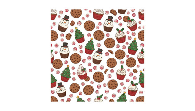 Christmas winter seamless pattern with gingerbread cookies cupcakes snowman treats holiday sweets and peppermint candies vector background (18 words)