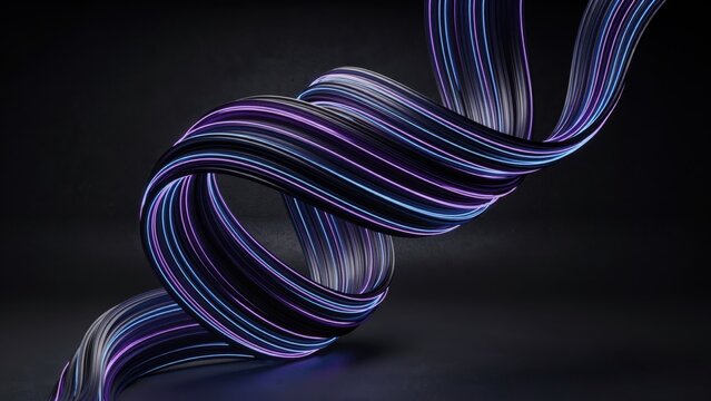 Abstract purple and blue glowing lines forming an intricate twisted ribbon shape, symbolizing interconnectedness and data flow.