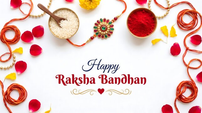 Happy Raksha Bandhan Flat Lay with Rakhi Thread, Rose Petals and Kumkum on White Background