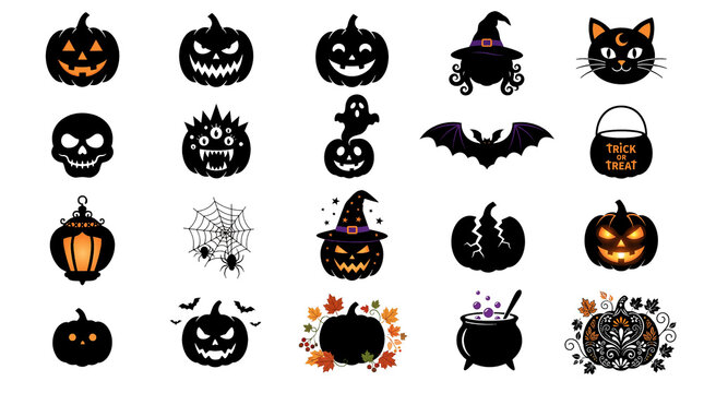 Halloween silhouette icons set with black pumpkin and bats.