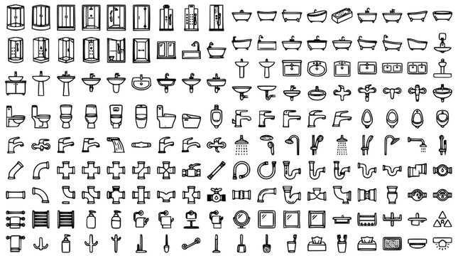 Bathroom Interior and Plumbing Line Icon Set with Sanitary Ware Bathtubs Faucets Sinks Toilets Showers and Pipings Outline Symbols on White Background