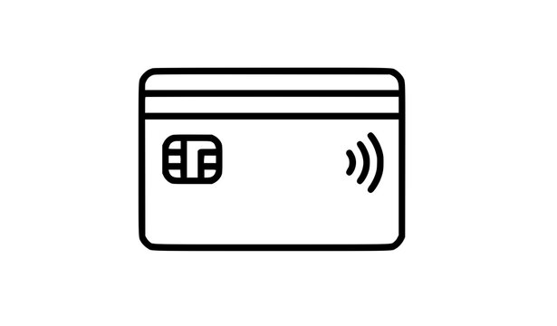Simple black outline icon of a contactless credit card with a chip and payment symbol