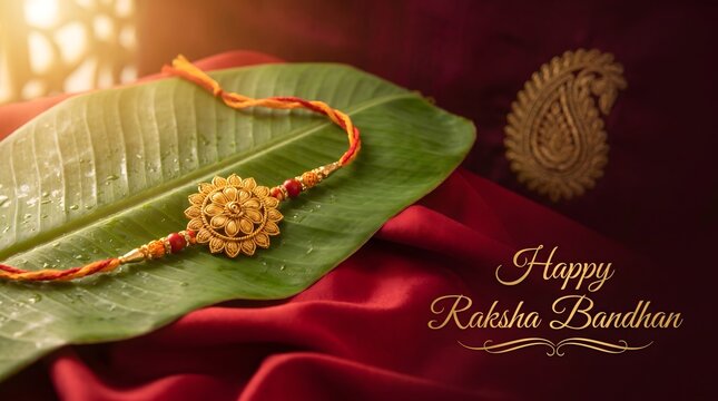 Happy Raksha Bandhan Rakhi Thread on Banana Leaf with Maroon Fabric Background