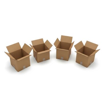 Four open cardboard boxes isolated on white background