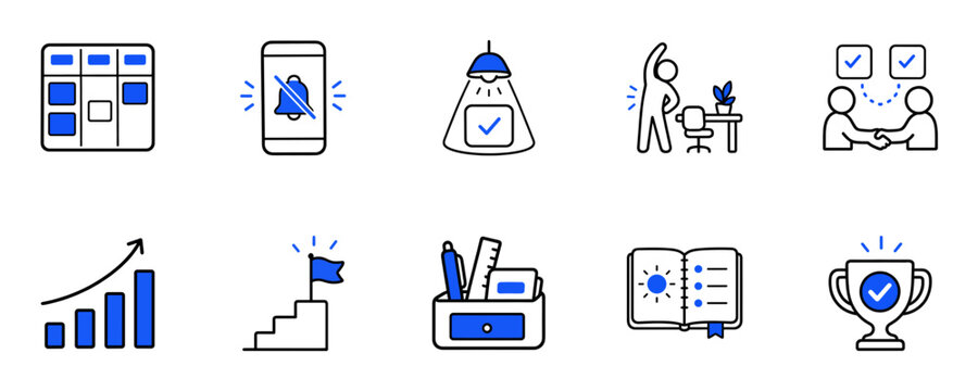 Workflow habits progress and goals icons collection