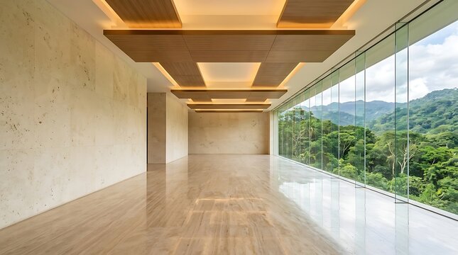 Modern empty interior hall features marble floors and floor-to-ceiling windows overlooking a mountain forest.