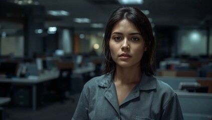 Obraz premium Filipina cleaner in grey uniform tunic stands in dark office at night, illuminated by overhead lights, with empty desks and computer stations in the background