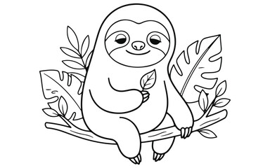 Naklejka premium Cute cartoon sloth sitting on a tree branch surrounded by tropical leaves for a coloring page