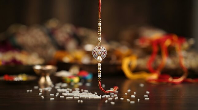 Beautiful rakhi hanging over wooden background with rice grains for raksha bandhan festival