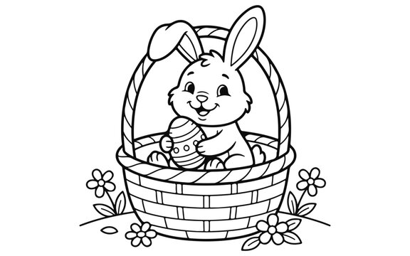 Cute cartoon bunny sitting in an easter basket holding a decorated egg for kids coloring page