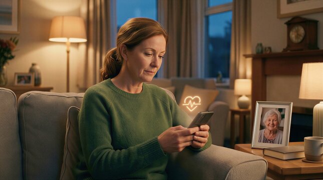 A middle-aged woman on her couch at evening, looking thoughtfully at her phone displaying a soft wellness-check glow. A parent's photo nearby, warm lamp-lit room.
