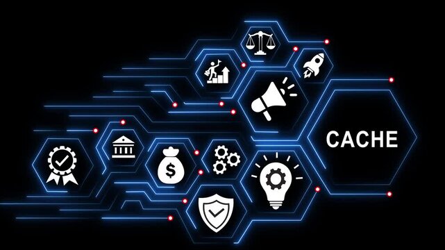 Cache data optimization concept: digital network infographic with glowing hexagonal and cyber technology connectivity lines
