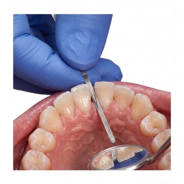 Professional dentist performing interproximal reduction on teeth