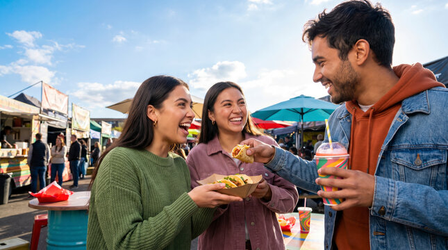 Ravenous friends sharing street food and trading bites at outdoor market stall