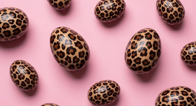 Pattern of chocolate easter eggs with leopard print on a pink background