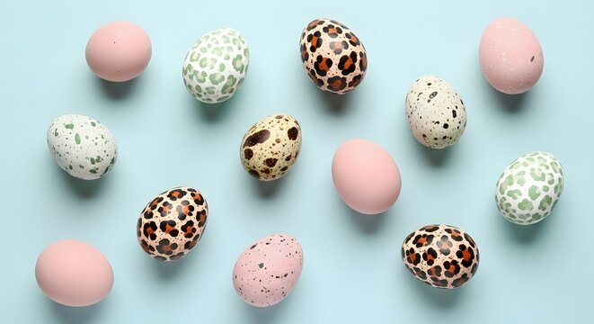 Top view of decorative easter eggs with leopard print and pastel colors
