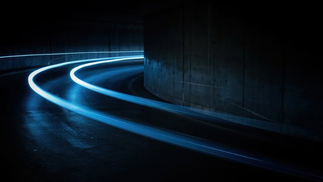 Abstract streaks of bright blue light forming a winding path through a dark concrete tunnel, representing speed and forward movement in technology.