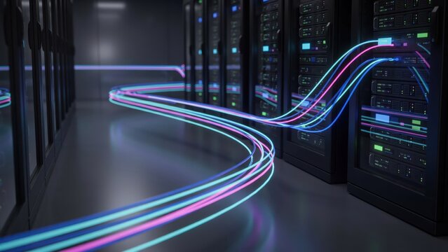 Colorful light trails of blue, cyan, and pink flowing through a modern data center, connecting server racks and symbolizing digital information flow.