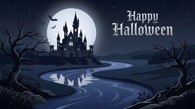 Spooky halloween background with haunted castle and full moon night