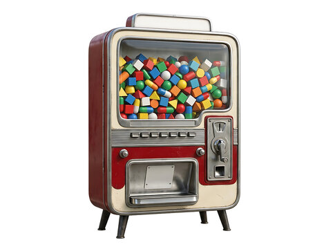 Retro toy vending machine filled with colorful geometric shapes isolated on transparent background