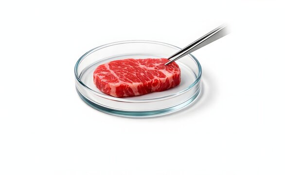 Lab grown meat concept with cultured raw beef steak inside a petri dish under scientific inspection