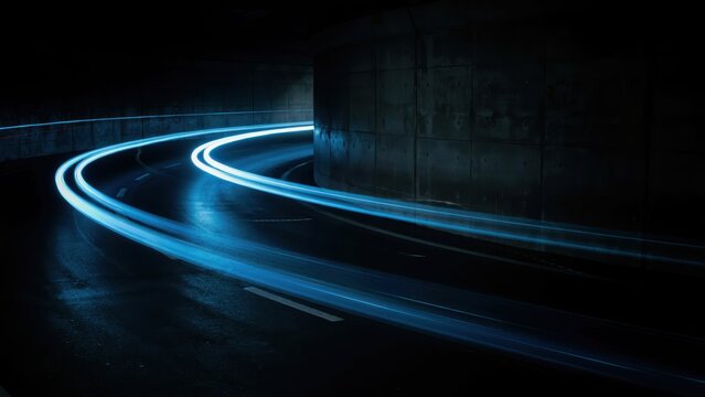 Futuristic abstract glowing blue light trails sweeping through dark tunnel representing high speed data movement.