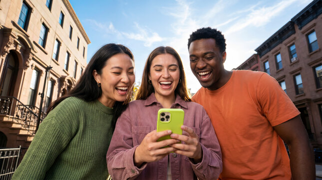 Unguarded friends posing together for smartphone selfie on charming brick street
