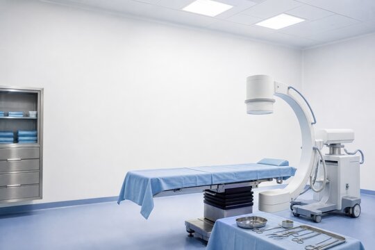 Modern operating room with mobile C-arm and surgical table
