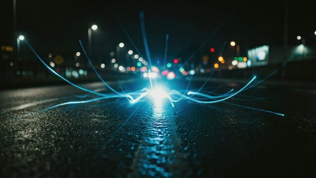Abstract blue light trails streaking across a dark wet asphalt road at night with bokeh city lights.