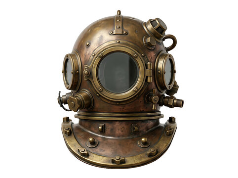 Vintage antique brass deep sea diving helmet isolated on transparent background