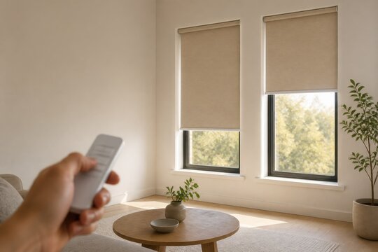 Hand using remote for motorized roller blinds in living room