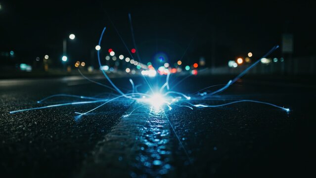 Abstract blue light trails emanating from a bright source on a wet dark asphalt road at night with bokeh city lights.