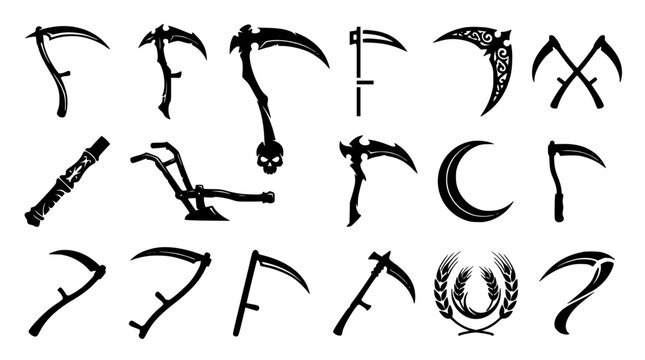 Scythe and Sickle Black Silhouette Icon Set Featuring Grim Reaper Blades, Halloween Horror Concepts, Traditional Agriculture Tools, and Gothic Weapon Vector Designs