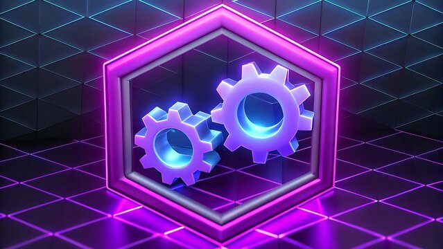 Neon glowing gears inside a futuristic geometric frame in a cyber world