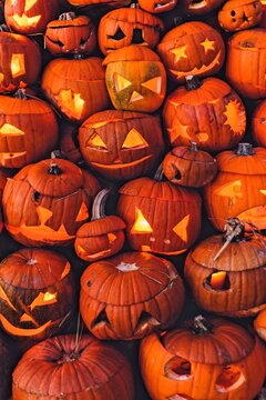 Collection of Carved Jack-O'-Lantern Pumpkins Glowing for Halloween