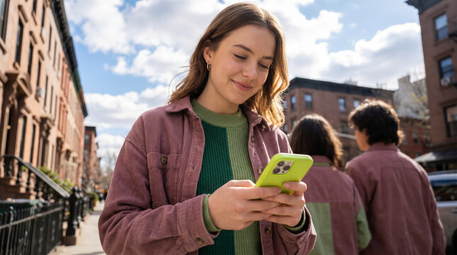 Absorbed woman texting on smartphone while friends walk along city street