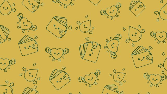 Cute finance and wellness habit doodle pattern: wallet, fitness heart, water drop icons. Seamless loop, dark green line art on yellow.