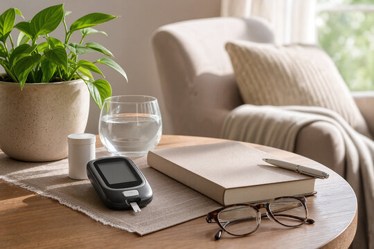 Diabetic lifestyle setup with glucose meter, book, and glasses on wooden table. Diabetes management includes water and fresh plant for better health.