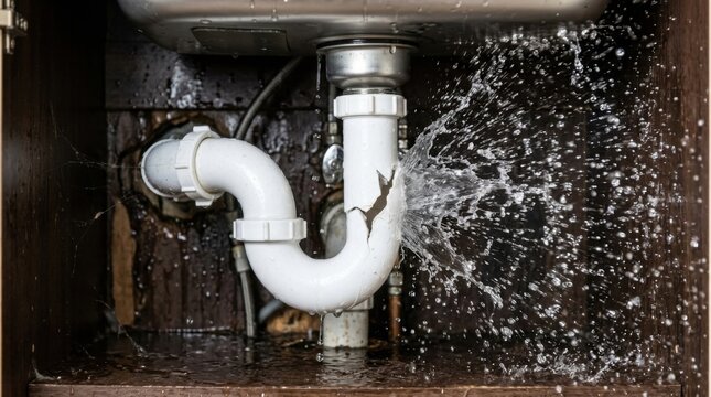 Water spraying from a cracked white plastic sink drain pipe under the kitchen cabinet.