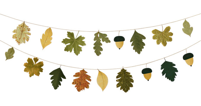 PNG Autumn leaves and acorns garland illustration.