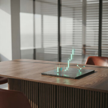 Futuristic stock market hologram on office desk, digital financial data chart in modern boardroom, glowing trading graph on wooden table