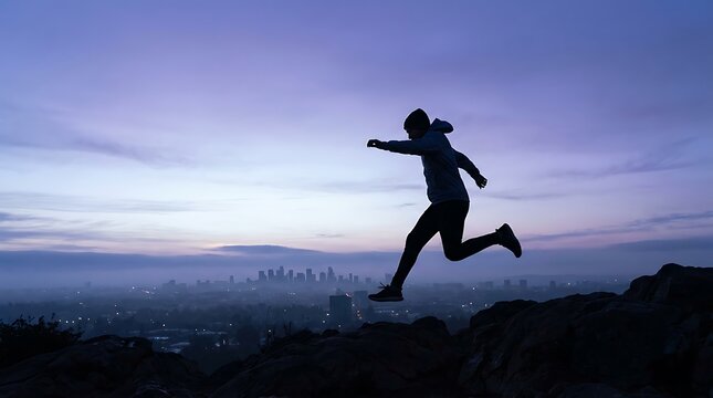 Silhouette of a person mid-air jumping over rocks with a city skyline and gradient sky in background